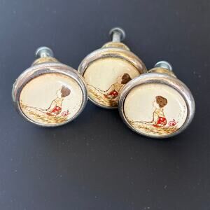 Set Of 3 - 1.25 Inch Brass/Porcelain Asian Woman Knobs Made In Japan READ